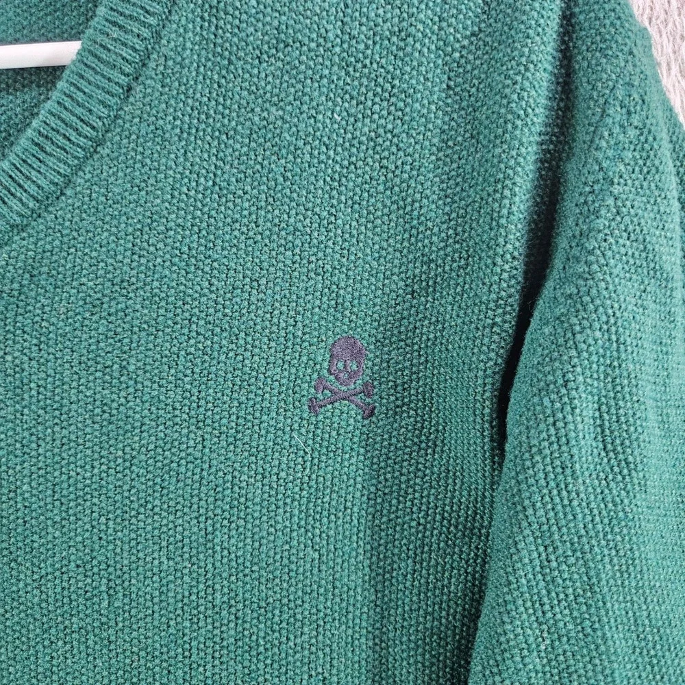 Scalpers Mens Green V-Neck Textured Knit Skull Logo Pullover Sweater Size Large